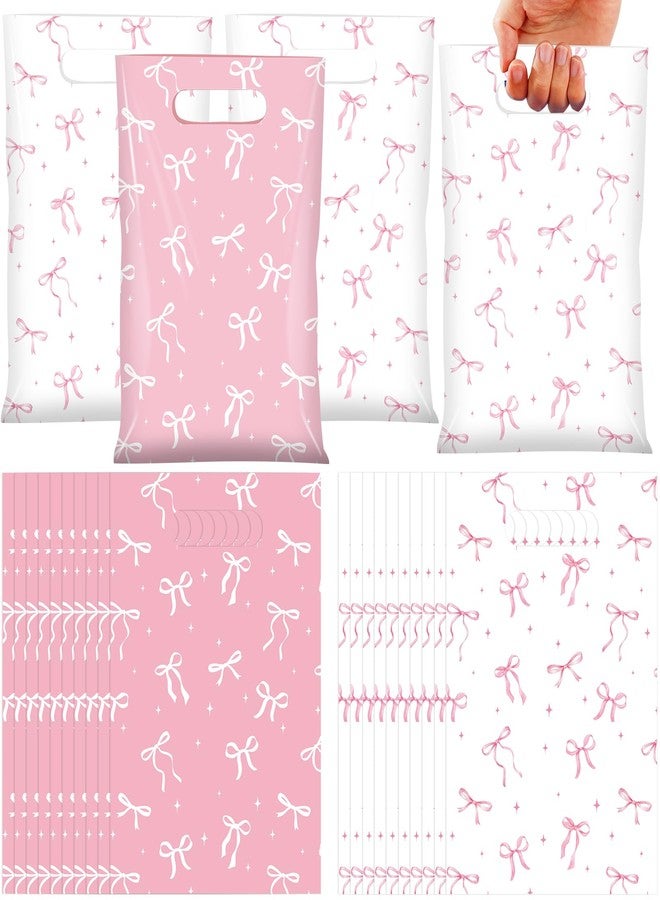 KEASKELL 50Pcs Pink White Bow Party Favor Bags Coquette Bow Plastic Goodie Treat Bags with Handles Girls Birthday Gifts Wrapping Bag for Wedding Baby Shower Engagement Party Supplies - Image 1